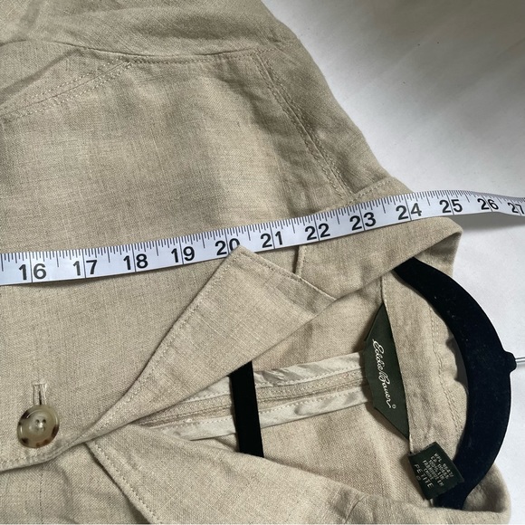 Eddie Bauer 100% linen khaki belted button up blazer blouse size 8 petite - Picture 9 of 10